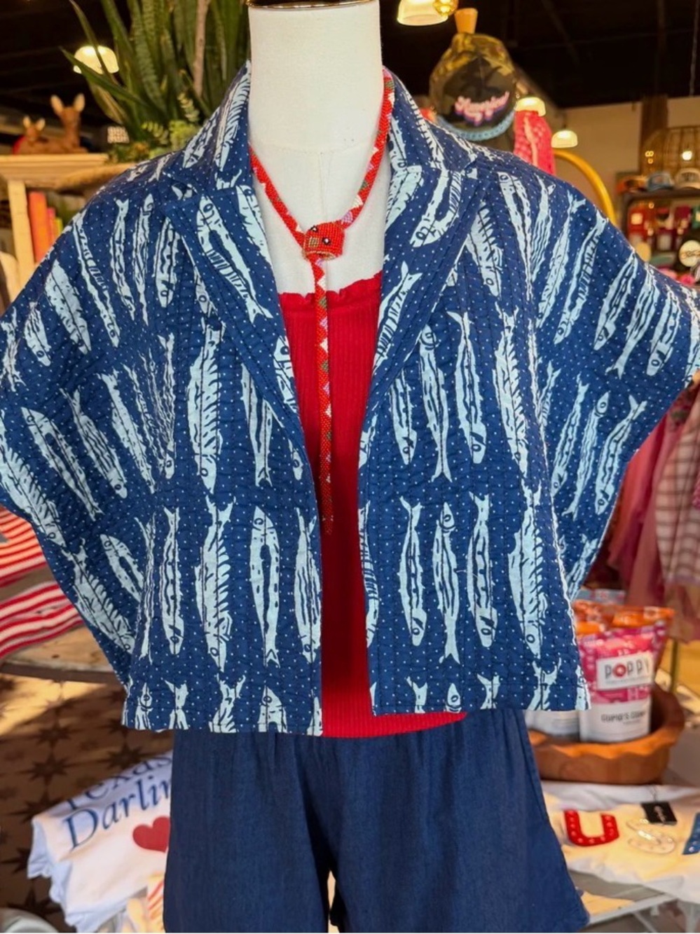 IVY JANE Fish Camp Jacket in Navy,  blue&white fish print, floral inside NEW M/L